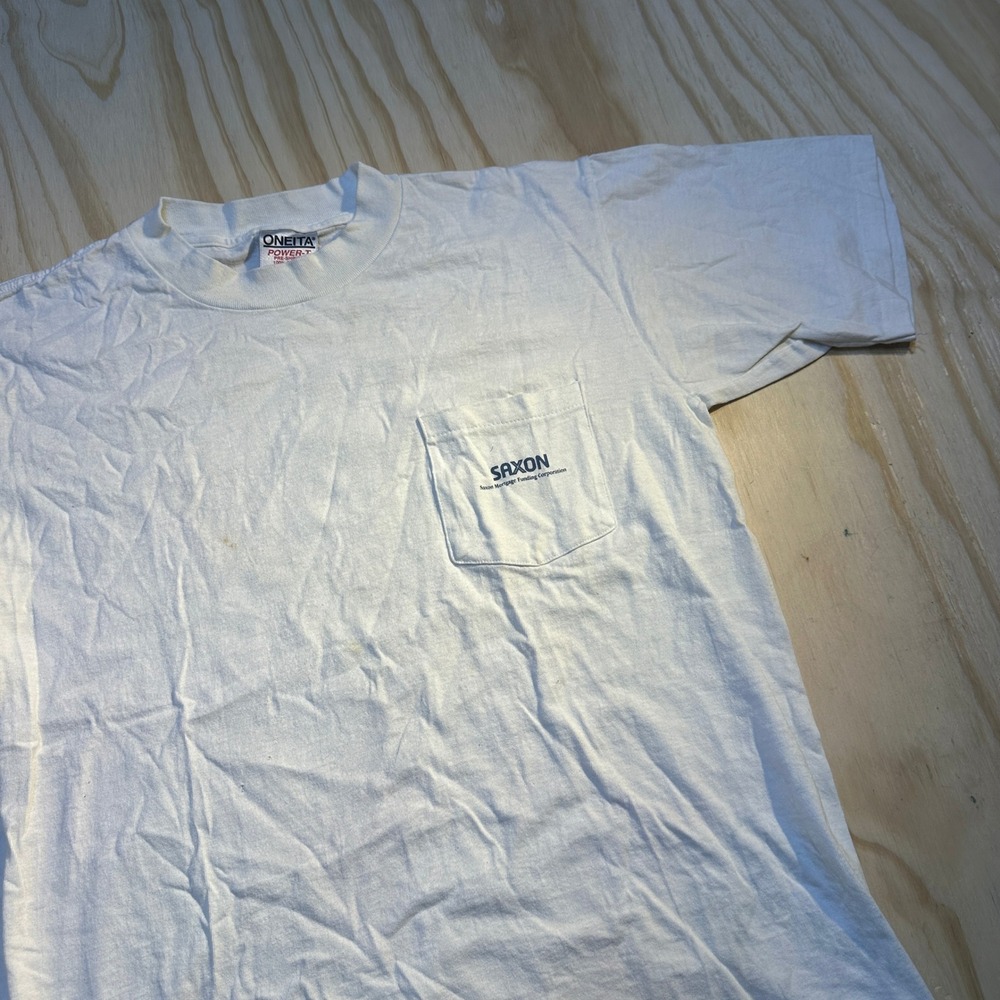 Vintage Oneita Power-T Pocket T-Shirt Mens Large White Saxon Mortgage 90s USA